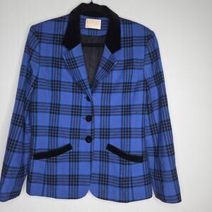 Pendleton Blazer Womens 8 Blue Plaid Wool Velvet Collar Button Tartan Vintage US
